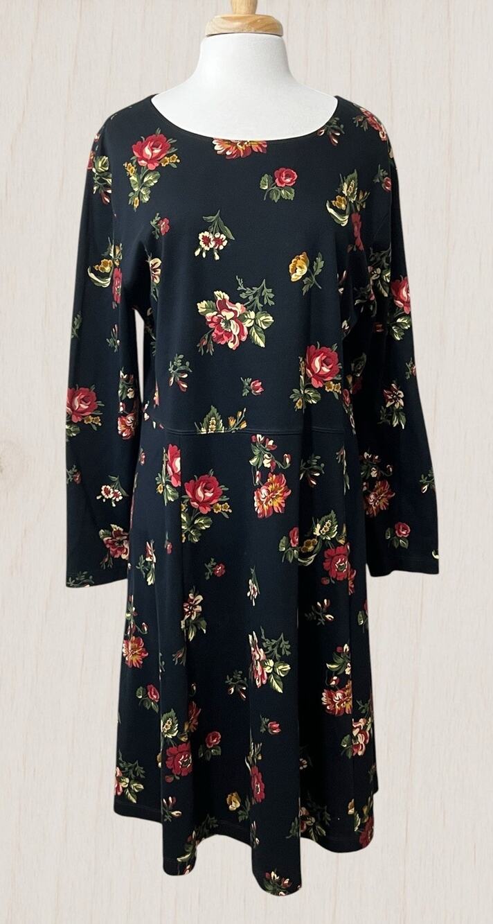 VTG 90s Lands End Midi Dress Heavy Cotton Botanical Rose Print Made in USA XL
